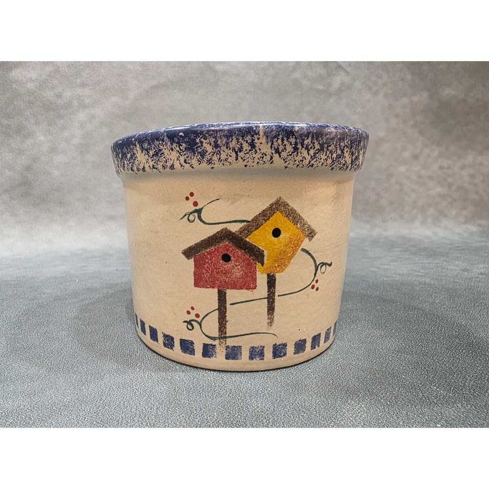 RRP Co Roseville Ohio Stoneware Crock Birdhouse Sponged Blue Rim 5 Inch 340